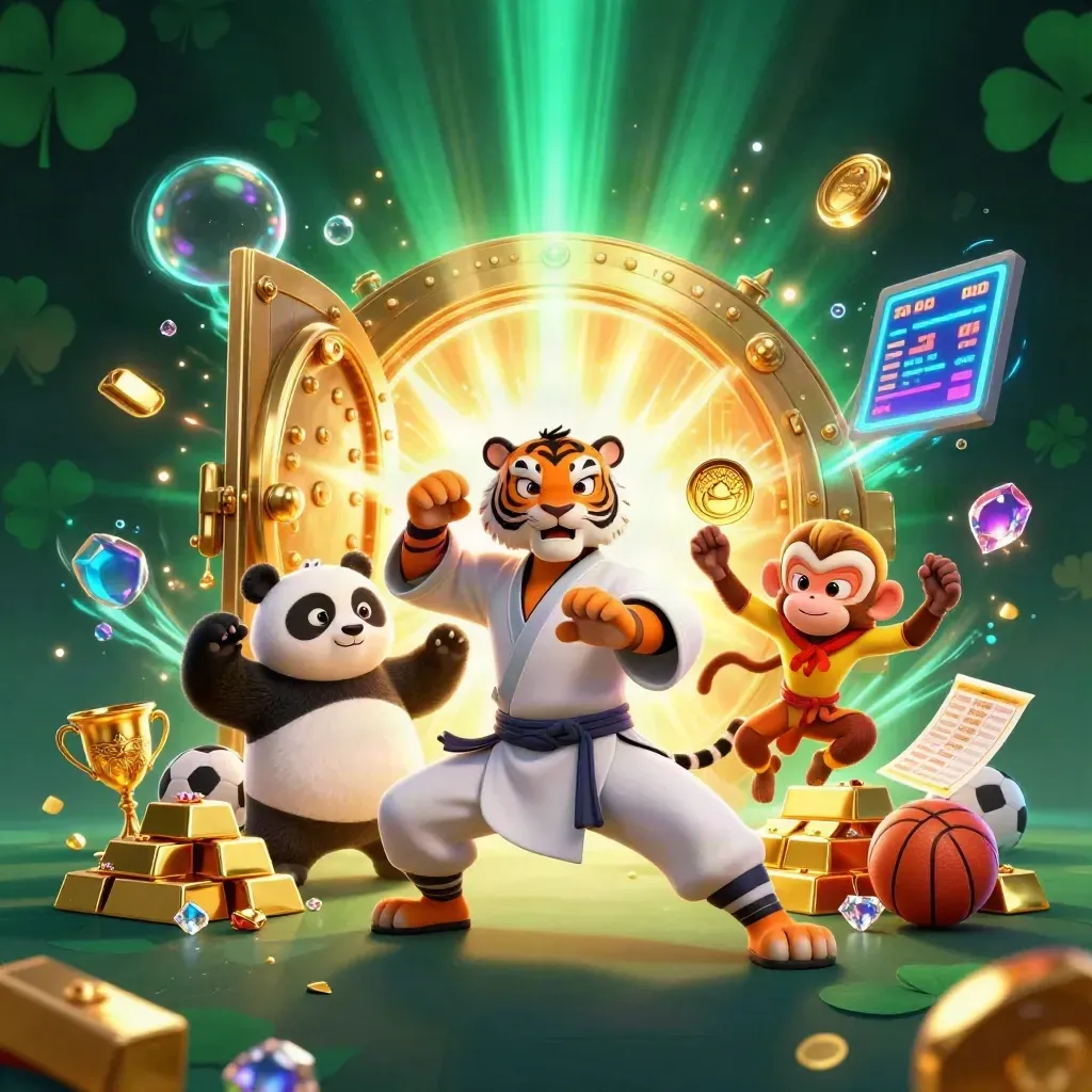 Altın kasadan ışık saçan kaplan, panda ve maymun; casino tarzı 3D sahne.