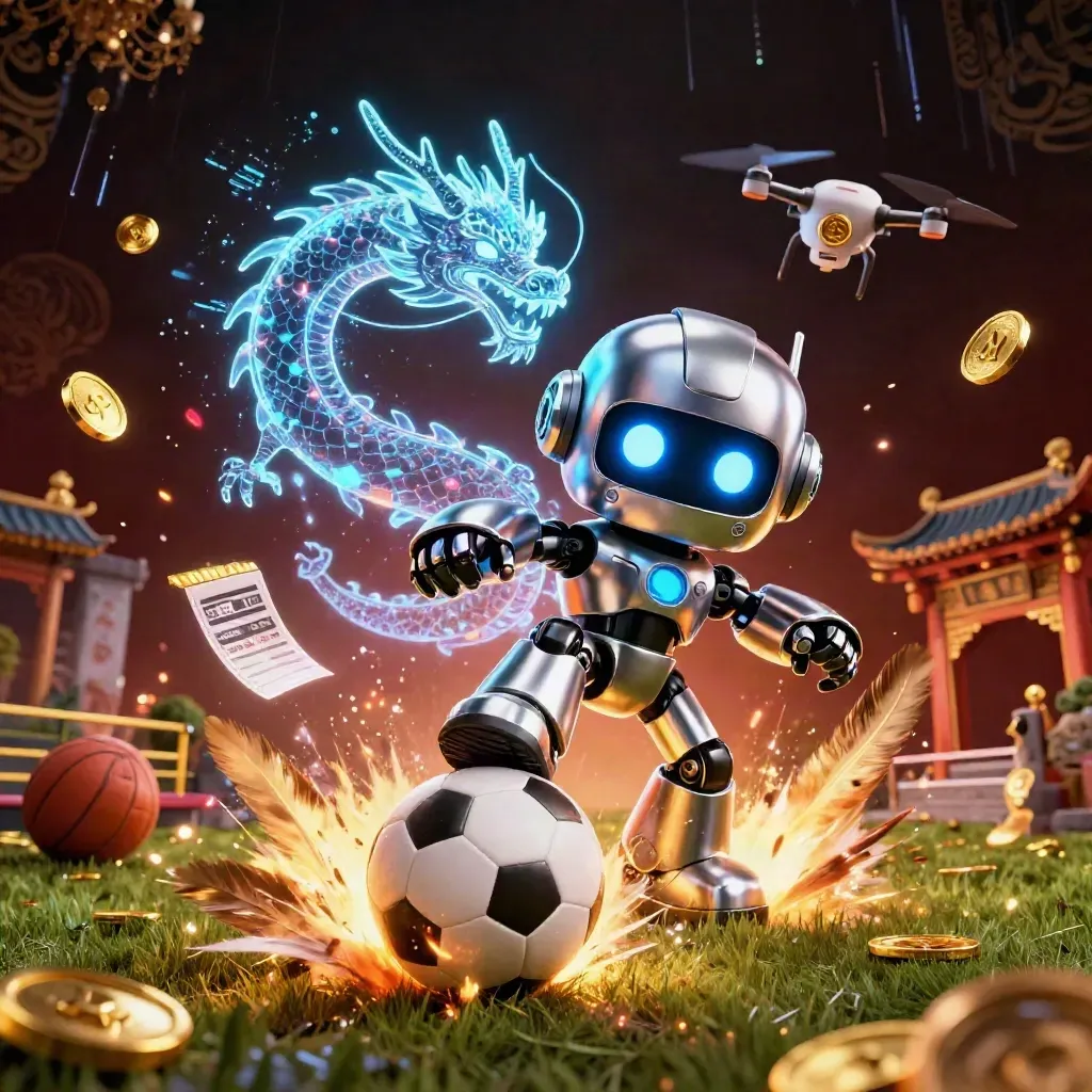 Robot maskotun topa vurduğu, dijital ejderha ve drone’un eşlik ettiği neon futbol sahnesi.