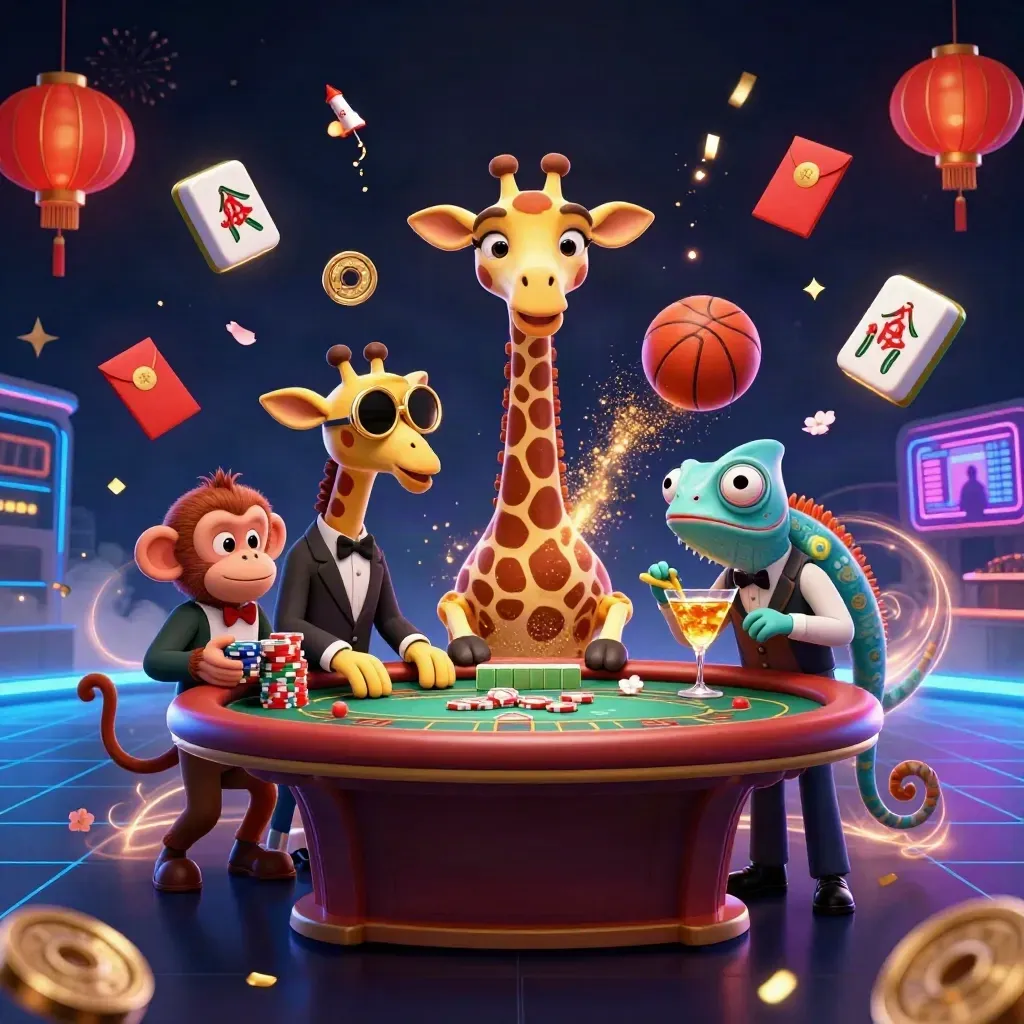 Spor temalı casino sahnesinde zıplayan toplar, hayvan karakterler ve neon ışıklar.