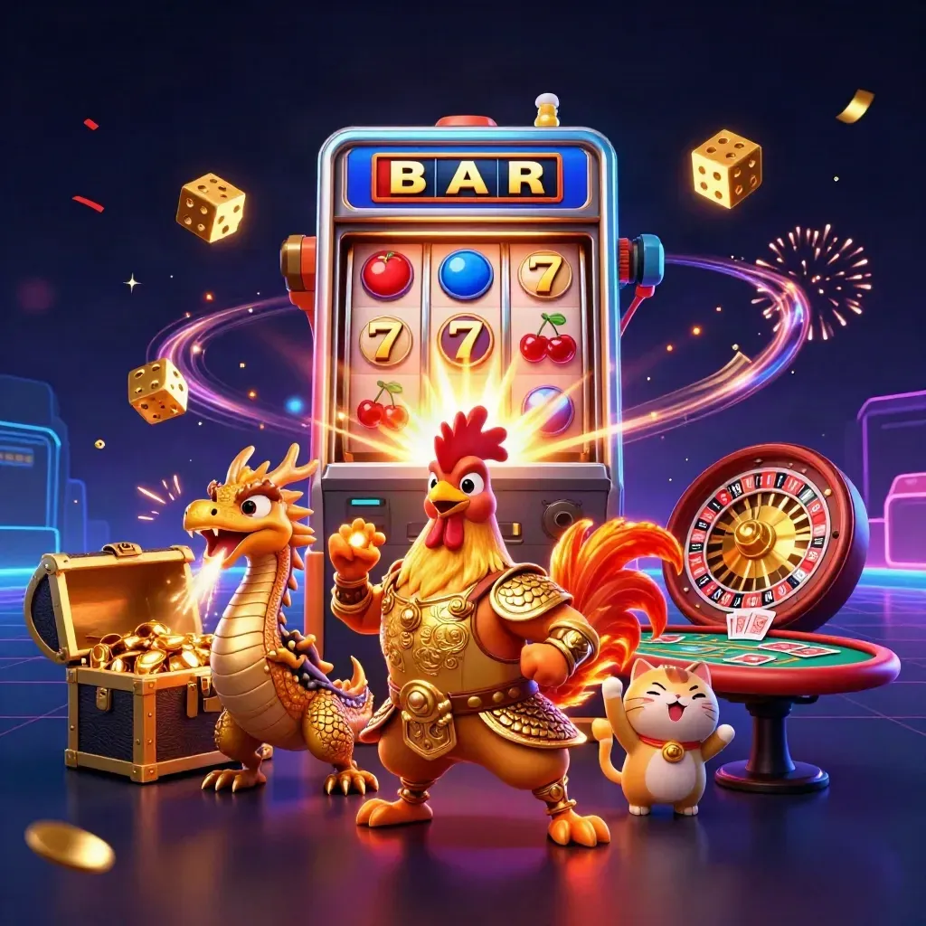 Samuray horoz, ejder yavrusu ve şans kedisi; slot, zarlar ve lüks casino atmosferi.