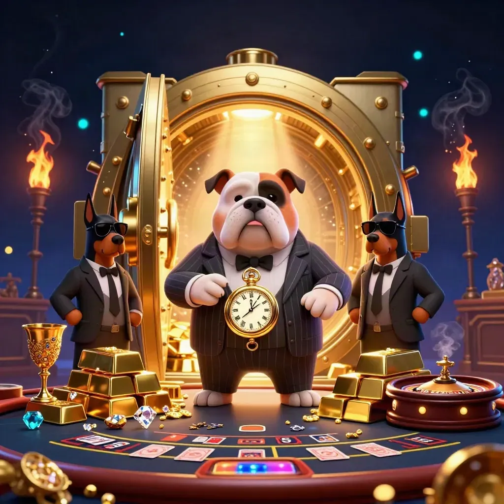 Lüks bir casino sahnesinde bulldog patron ve iki doberman, altınlar ve ışık patlamaları.