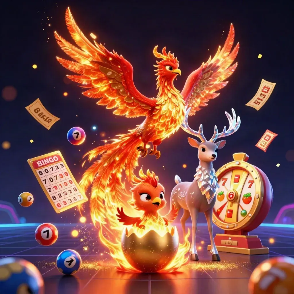 Yanan anka, yavru anka ve kristal boynuzlu geyik; etraflarında casino ikonları.