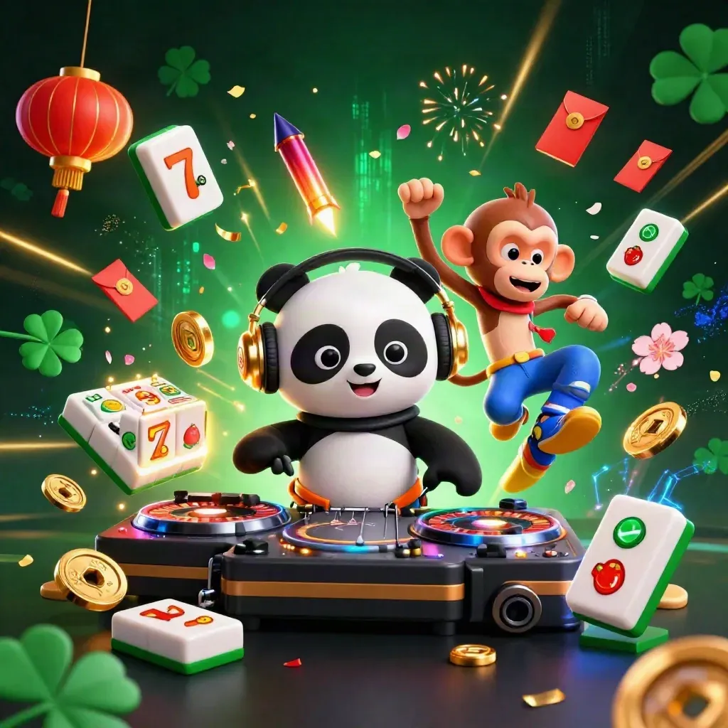 Panda DJ, maymun ve parlak kediyle neon casino tarzı hareketli oyun görseli.