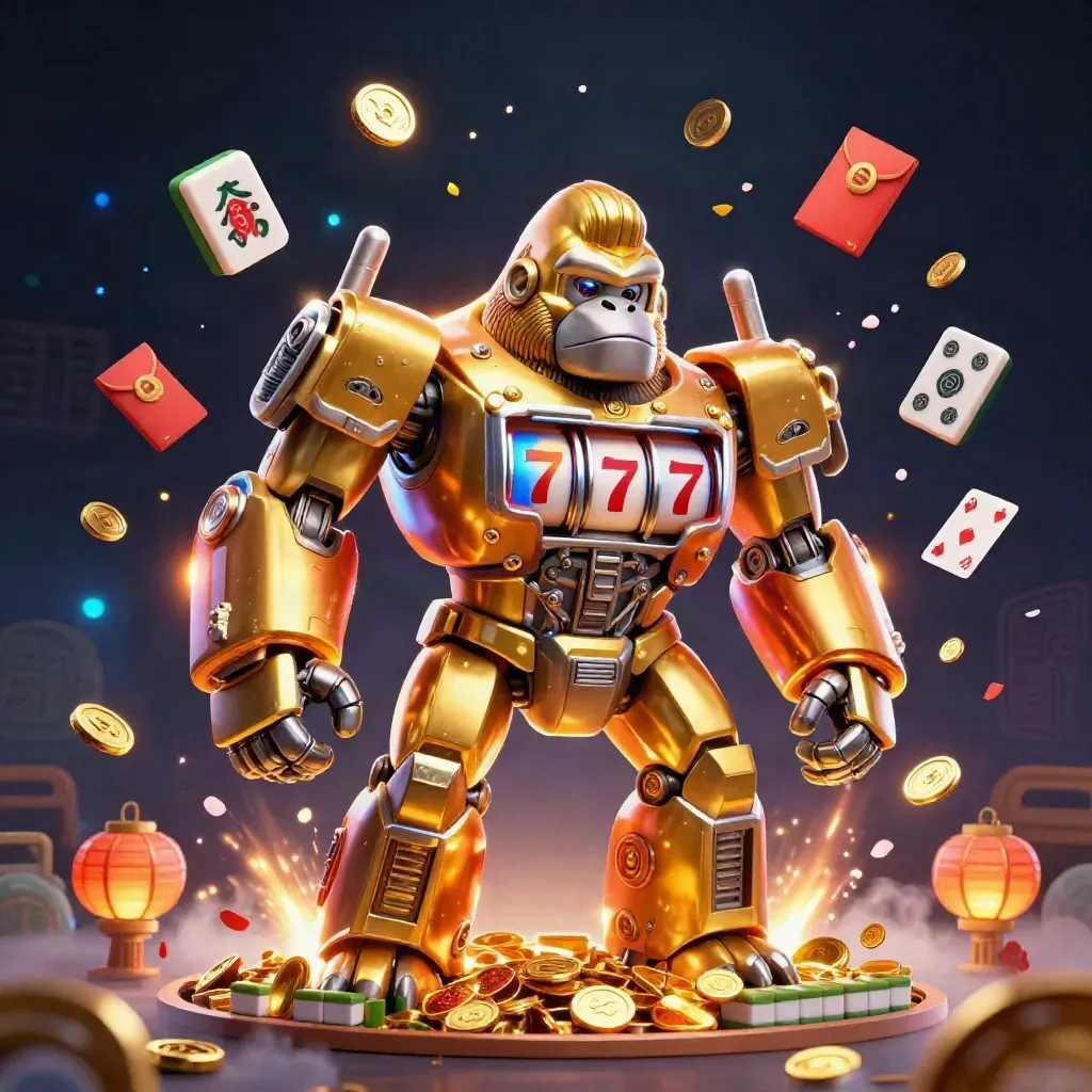 Altın goril mech ve küçük maymun pilot, casino patlaması içinde.