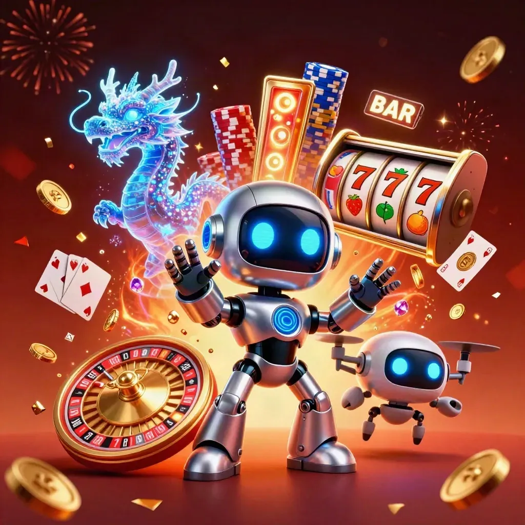 Mavi robot, holografik ejderha ve coin dronu; altın paralar ve casino ışıkları.